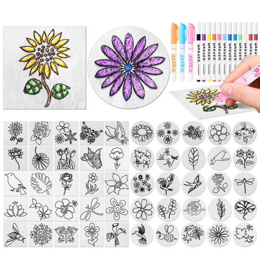 Maitys 65 Pcs Pre-Designed Magic Foam Texture Paper Painting Kit, 3 x 3'' White Foam Texture Paper with Colors Marker Water Brushes for 3D Craft Drawing DIY(Flower and Bird)