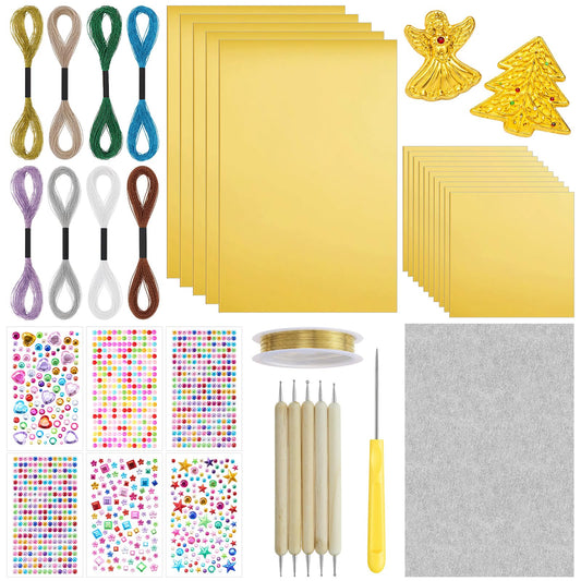 Yaocom Metal Embossing Kit, 25 Sheets Aluminum Embossing Foil Sheets, Art Craft Decorative Metal Foil Sheet Tools, Gold Shimmer Crafting Accessory, Creative Artwork Making Kit, Handcraft Supplies