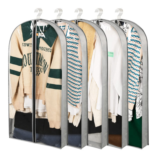 Belinlen 5 Pack 40" Garment Bags for Hanging Clothes Storage, Clear Suit Garment Bags with 4" Gussets for Closet Storage Travel, Plastic Protector for Coat, Jacket, Sweater, Shirts