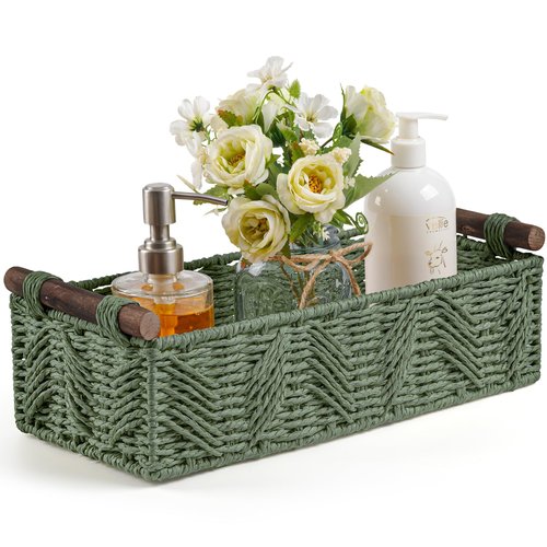 Bathroom Baskets for Organizing with Handle Decorative Basket for Bathroom Countertop Storage Toilet Paper Storage Basket for Toilet Tank Top Small Baskets Set,Green