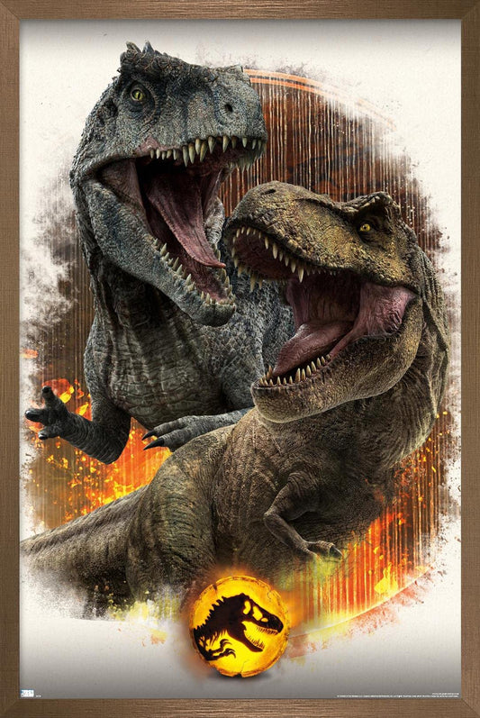 Trends International Jurassic World: Dominion - Giga Vs T. Rex Wall Poster, 22.4L x 14.7W, Bronze Framed Version