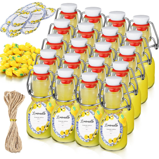 Skybooly 20 Sets Swing Top Glass Bottles with Tags and Twine Rope Airtight Glass Jar for Home Brewing Beverages Oil Homemade Wedding Baby Shower Party Favors Holiday DIY Craft(2oz,Round Lemon)
