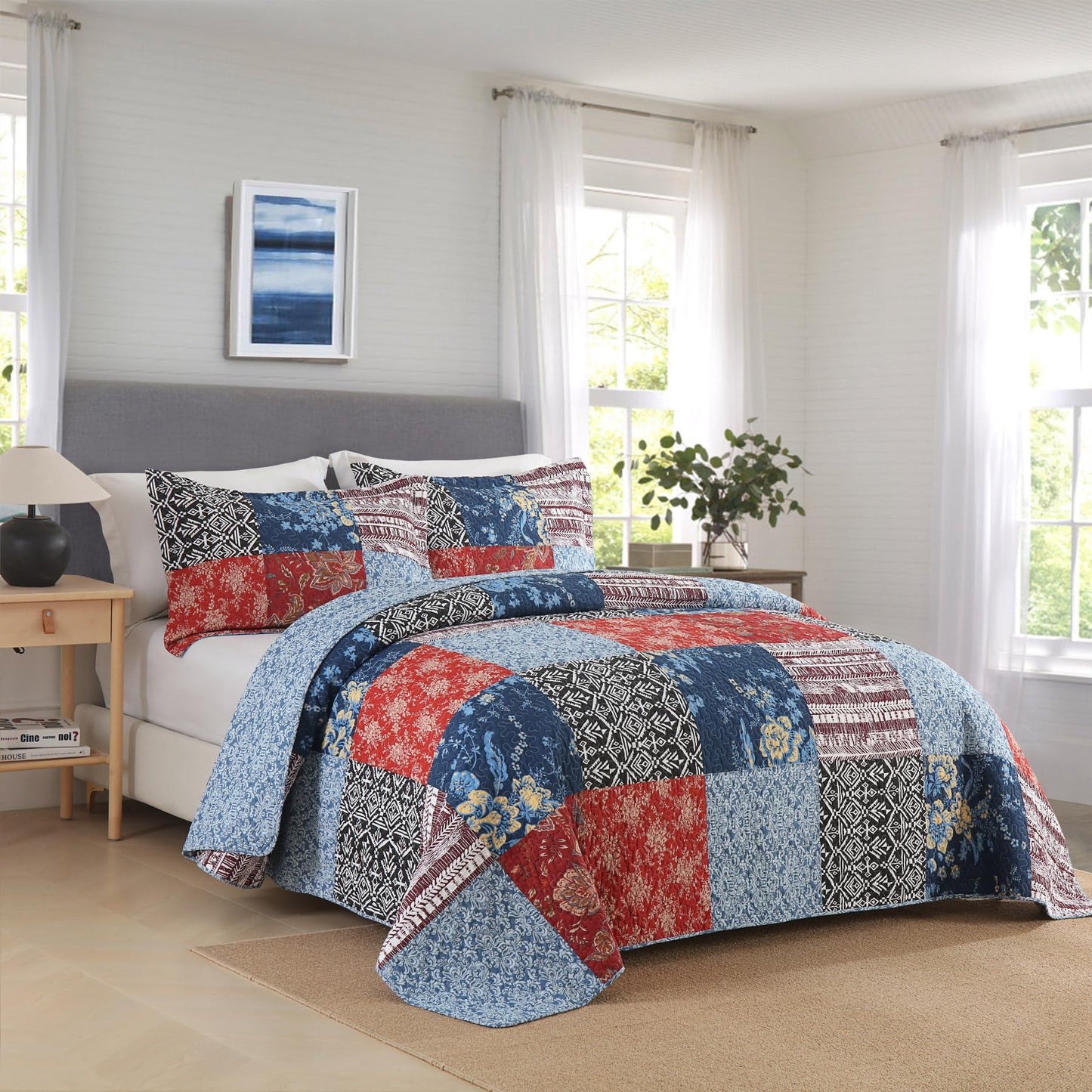 Secgo California King Comforter Set for Bed - 100% Cotton Quilts Cal King Size, Black Bedspreads (120 * 110 Inch) with 2 Pillow Shams, Patchwork Reversible Lightweight Bedding