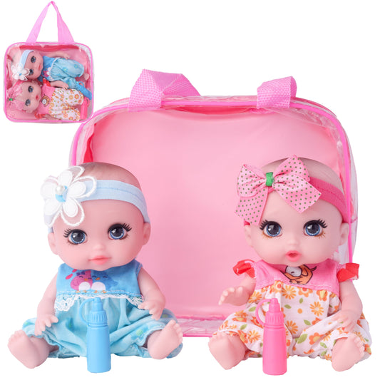 Beem Jun 6 Inch Small Baby Doll Handbag Bag Set with Little Bottle，All Vinyl Reborn Baby Dolls Nursing Set for Kids.Easter Baby Doll Kit (Pink & Blue)