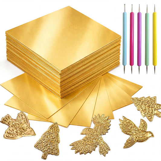 Aemygo 150 Pcs Aluminum Foil Sheets for DIY Crafts, 6 inch Heavy Duty Metal Embossing Sheet with Stylus Tools, Gold Square Tin Foil for DIY Painting and Embossing
