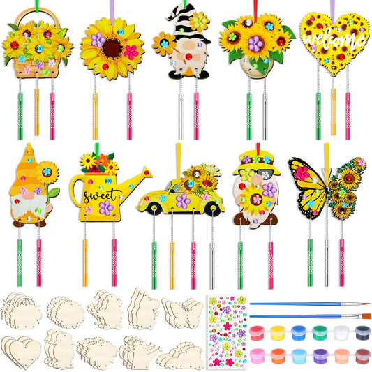 JellyArch 30 Pack Summer Sunflower Wind Chime Making Kit, Make Your Own Butterfly Gnome Wind Chime Wooden Spring Ornaments for Adults DIY Crafts Activity Birthday Decoration