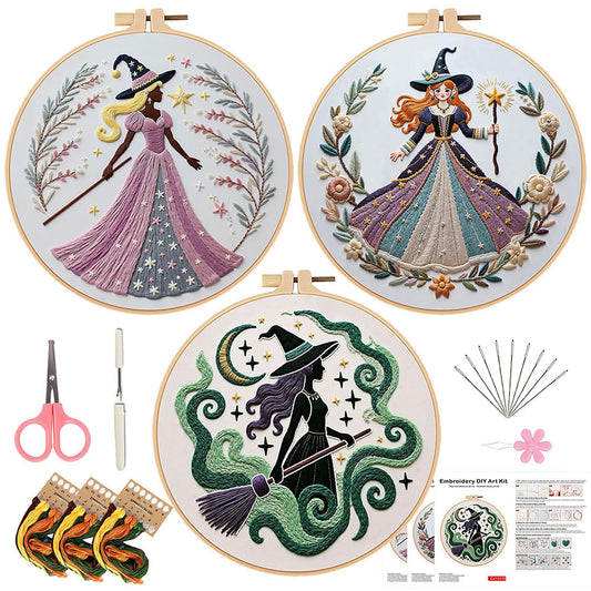 JinyunDengtu Embroidery Kit for Beginners, 3-Pack Witch Themed Needlepoint Starter Set with 7.8" Bamboo Hoop, Pre-Printed Patterns & Full Supplies, DIY Art Craft Kits for Adults & Teens (Gift-Ready)