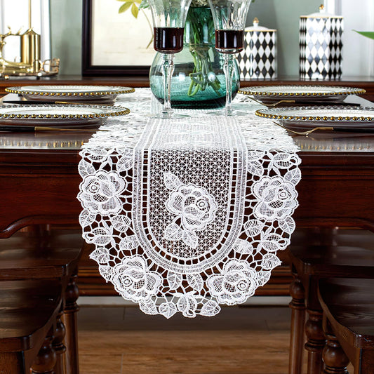 auons White Crochet Lace Table Runner Peony Floral Embroidered Table Dresser Scarf Rustic Table Decor for Home Wedding Bridal Shower Baby Shower Party, 12 x 72 Inch