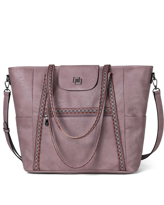 FADEON Large Laptop Tote Bag for Women Designer Leather Laptop Bag Fashion Travel Backpack Purse Shoulder Handbag Purple