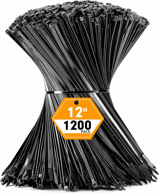 1200pcs 12 Inch, 50lb RAZCC Black Cable Zip Ties Heavy Duty Plastic Nylon Tie Wraps with Tensile Strength for Indoor