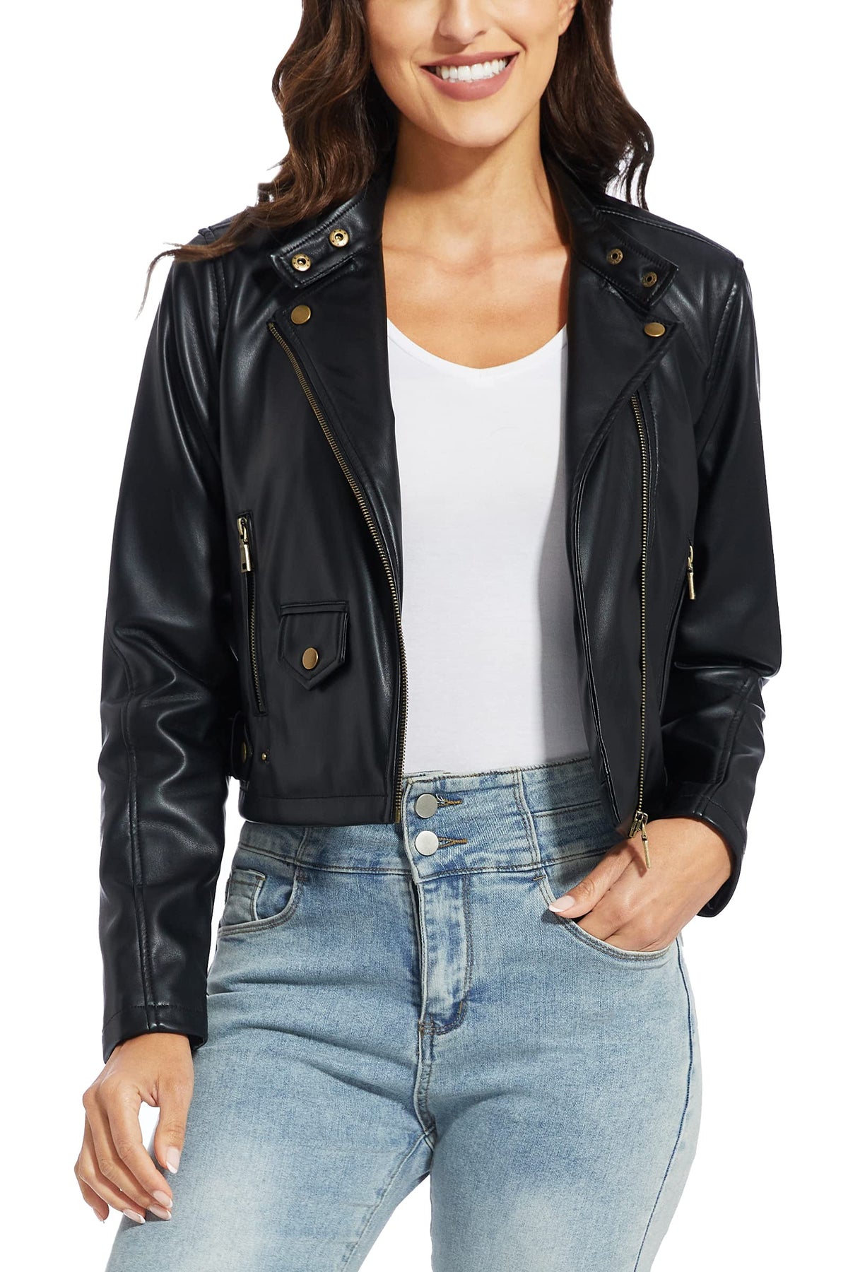 Fahsyee Faux Leather Jacket Women - Black Motorcycle Cropped Short Coat Moto Biker Blazer Slim Size Casual Soft Jackets Fashion M