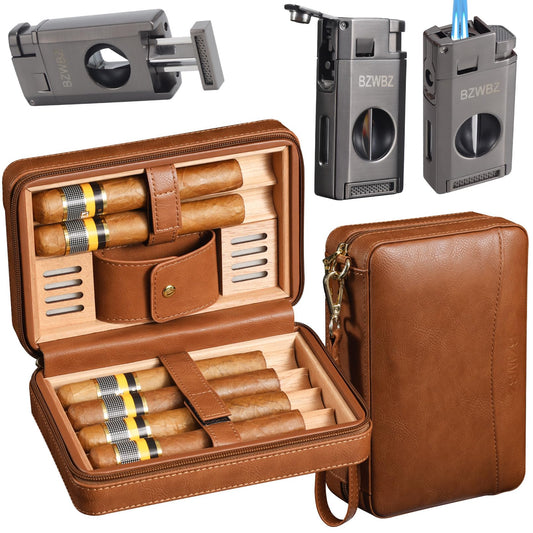 BZWBZ Travel Cigar Case Set,Torch Lighter with Cigar V Cutter, Hole Punch, Spanish Cedar Wood Humidor,Brown Leather