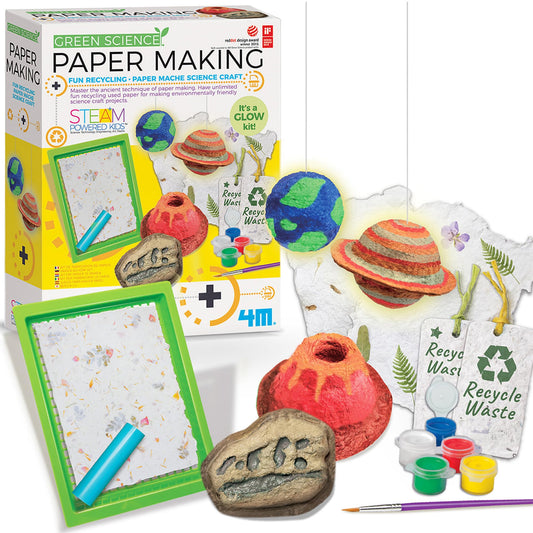 Earth Day Green Science - Paper Making Kit - Recycle and Create Your Own - Paper Making Screen - Green DIY Craft Stem Toys Kit for Kids - Includes Molds, Paints, and Glow-in-the-Dark Features