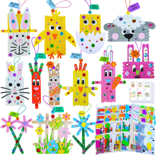 Winlyn 26 Sets Easter Craft Kits Spring Crafts DIY Craft Stick Easter Ornaments Decorations Art Sets Bunny Chick Lamb Flower Foam Stickers Arts and Crafts for Kids Classroom Activities Party Favors
