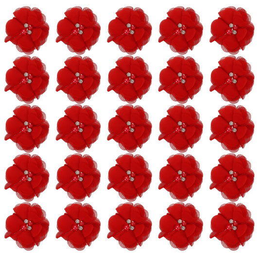 PATIKIL 2" Chiffon Flowers, 30Pcs Fabric Flowers Sewing Appliques Embellishments with Rhinestone Pearl for DIY Crafts Wedding Headbands Party Decoration, Dark Red