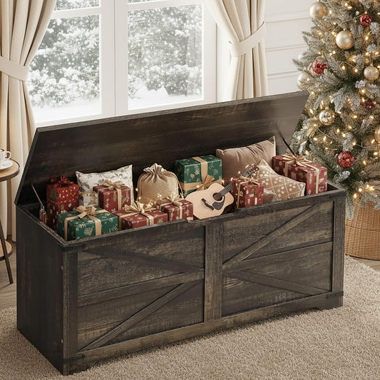 DWVO Wooden Storage Bench, Farmhouse Storage Chest with Safety Hinges, Entryway Shoe Organizer, Multi-Use Storage for Living Room/Bedroom, 47.2" L, Dark Rustic Oak