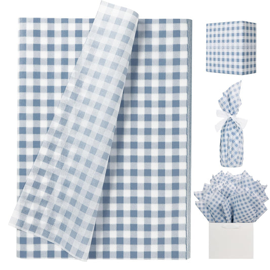 UNIQOOO 120 Sheets Dusty Blue Gingham Tissue Paper, Buffalo Plaid Gift Wrapping Tissue DIY Art Craft Tissue Paper for Wedding Birthday Baby Shower Bouquet Supplies, 20 x 14 Inch