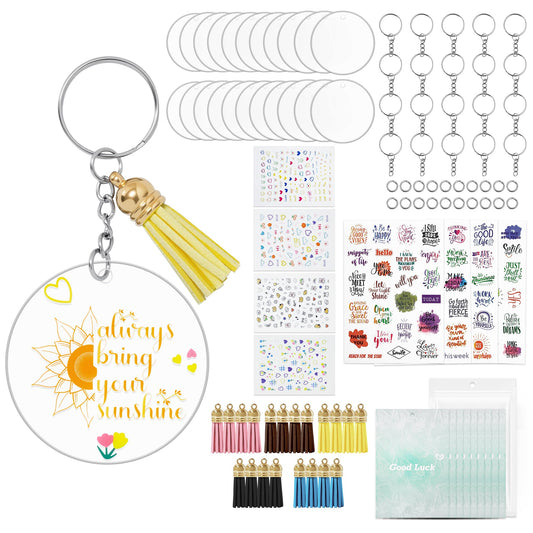 Acrylic Keychain Blank Set,128 Pcs Key Chain DIY Kit with Clear Circle Blank,Keychain Ring,Display Card,Packing Bag,Jump Ring,Tassel,Vinyl Encourage Phrase Sticker for Craft Employee Appreciation Gift