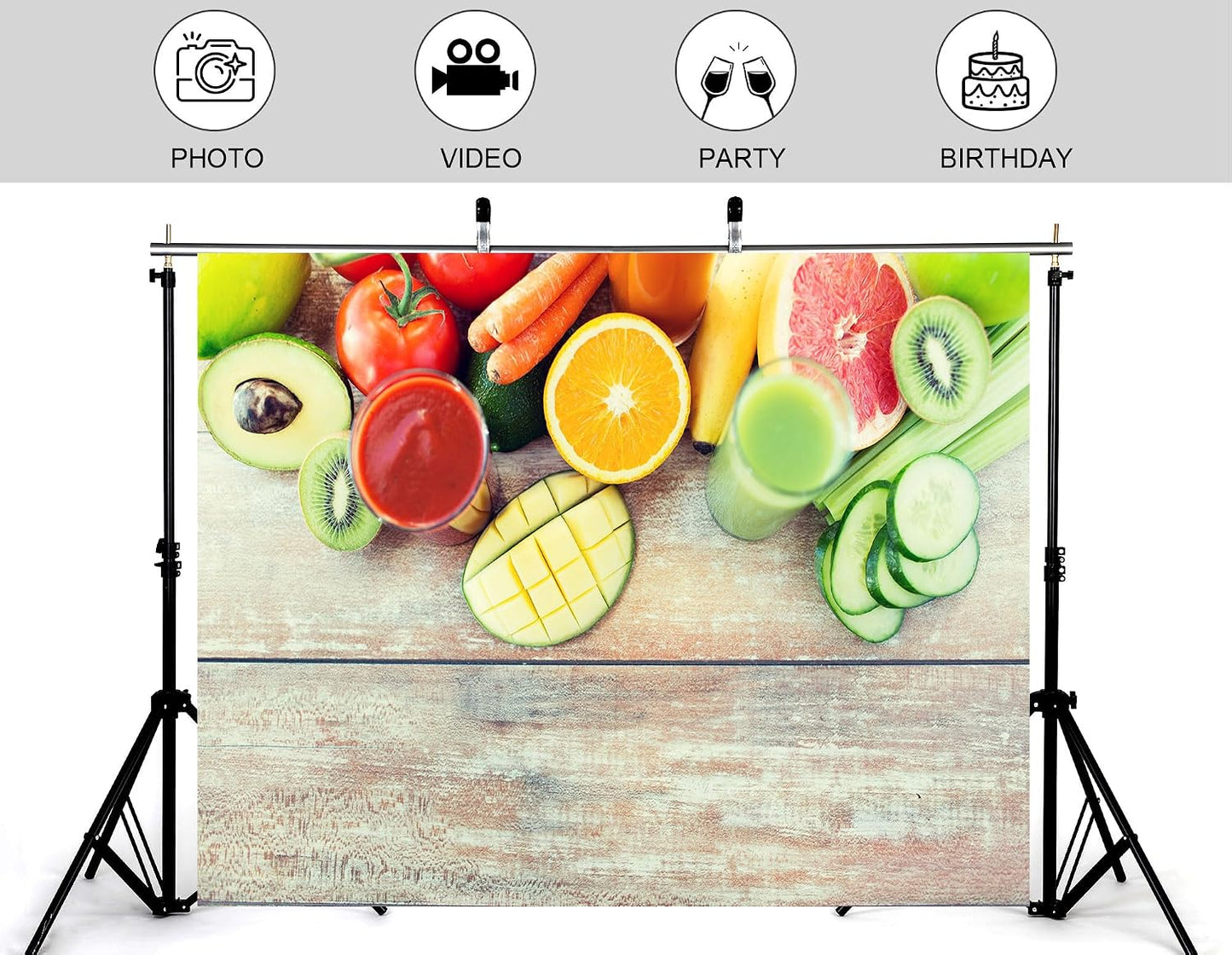 KeyWork 10x10ft Fresh Fruit Smoothie Backdrop Colorful Produce Wooden Table Photography Background for Healthy Themed