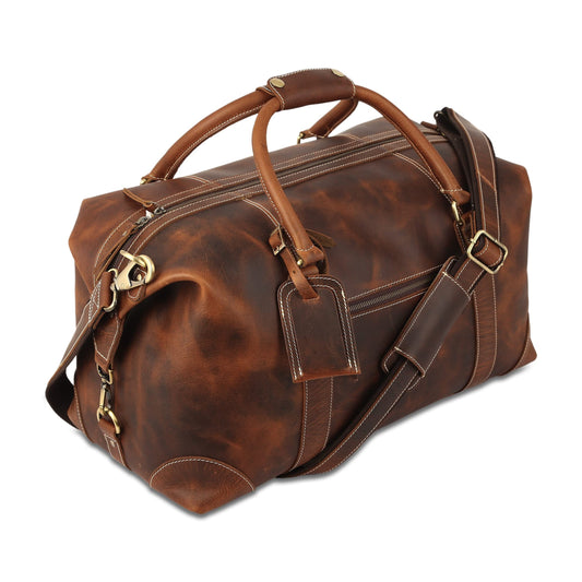 KomalC Leather Travel Duffle Bags for Men and Women Overnight Weekend Bag, Sports Gym Duffel (Dark Tan)
