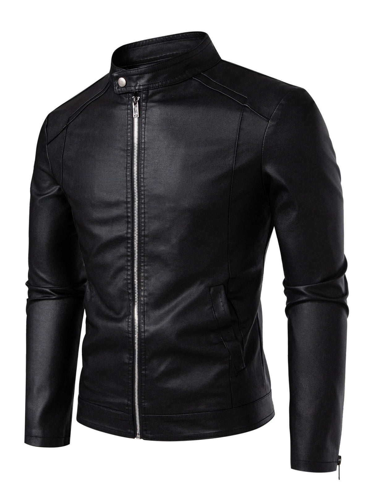 Zbrandy Mens Leather Jacket Faux Leather Motorcycle Jackets Stand Collar Biker Coat Outwear Black L