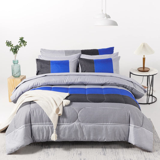 RYNGHIPY 8Pcs Blue and Grey Stripe Comforter Set Full Size, Ultra Soft Microfiber Filling Patchwork Comforter Duvet, Bed Sheets and Pillowcases (Full,Blue Grey)