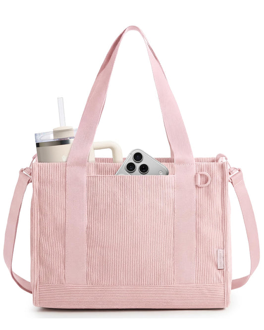 BAGSMART Corduroy Tote Bag for Women Work, Small Bible Mom Bag w/ 40oz Tumbler Holder, Padded 14" Laptop Bag for Teacher, Nurse Daily Commute