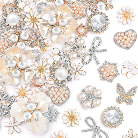 Giegxin 48 Pcs Rhinestone Buttons for Crafts Faux Pearl Embellishments Button Butterfly Flower Vintage Brooch for Wedding Decorations Jewelry Making DIY Clothes Bags Shoes Supplies (White)