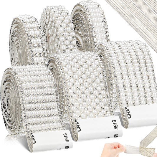 WILLBOND Pearl Rhinestone Strips 6 Rolls 5. 28 Yards Pearl Diamond Ribbon Rhinestones White Self Adhesive Faux Crystal Stickers for Wedding Birthday Party Art Crafts Car Phone Shoes Decors(Silver)