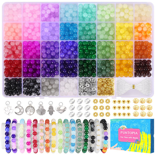 Funtopia 8mm Glass Beads for Bracelets, 36 Colors Crystal Beads for Jewelry Making, 1061pcs Bracelet Making Kit, Round Glass Bead for DIY Earrings Necklace Crafts with Spacer Bead and Charms