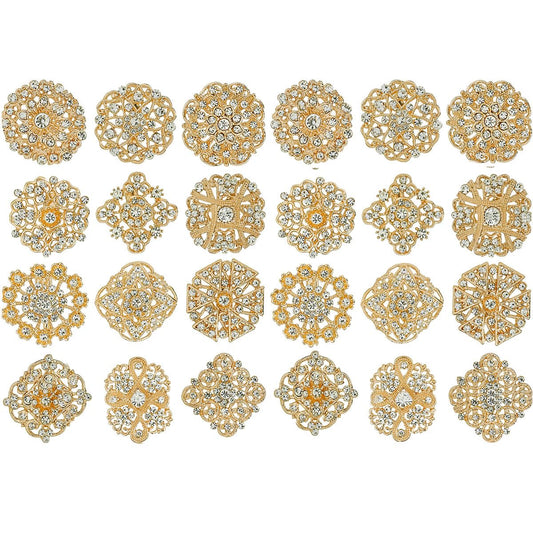Zemcypai 24 Pieces Rhinestone Embellished Flower Brooches Pin set for Women DIY Weddding Bouquet,Assorted Floral Designs for Party Decoration Any Crafts (Gold-24PCS)