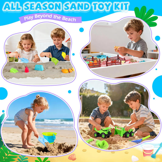 Beach Toys, Farm Theme Sand Toys for Kids Boys and Girls with 2 Truck, 2 Collapsible Bucket, Sand Castle Building Kit, Molds, Mesh Bag, Farm Animals, Tools, Indoor Outdoor Toys for Kids Ages 3-10