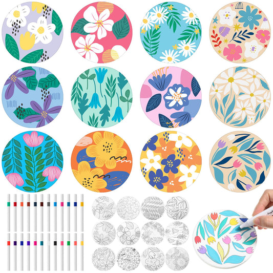 Potchen 12 Pcs Coasters Color Your Own Coaster Ceramic DIY Kits for Adults Absorbent Spring Drink Coasters with Cork Base and 12 Markers for Adult Home Table DIY Crafts Gift(Flower)