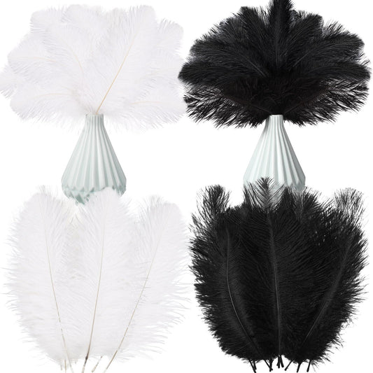 Crowye 100 Pcs Ostrich Feathers Bulk for Centerpieces Craft Ostrich Feathers for Masquerade Vase Wedding Party Home Costume Decorations (6-8 Inch,Black,White)