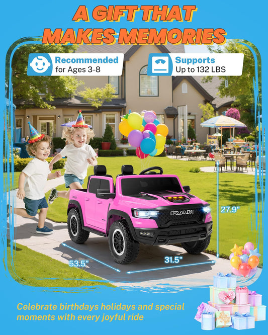 ENYOPRO 24 Volt Ride on Toys for Girls, Licensed RAM 1500 RHO 2 Seater Electric Car w/Remote Control, Kids Electric Vehicles w/Working Truck Tailgate, Suspension, Music, LED Lights (Pink - High Door)