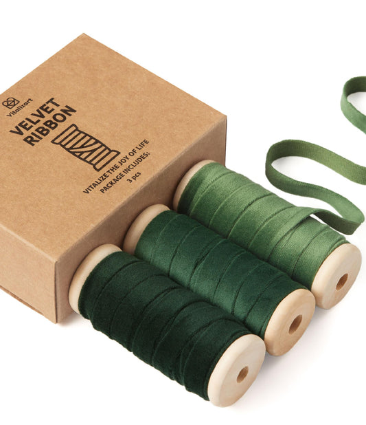 Vitalizart Green Velvet Ribbon 3/8" x 15 Yd Fabric Trim 3 Rolls * 5 Yd for Christmas Wreath Decoration Handmade Craft Ornaments Gift Wrapping & Bow Making Dark Forest