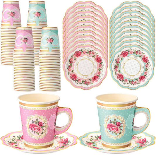 Tioncy 100 Pcs Tea Party Decorations Include 50 Pieces 9 oz Paper Tea Cups with Handle and 50 Plates Disposable Teacups and Saucers Sets for Birthday(Pink and Blue Floral)