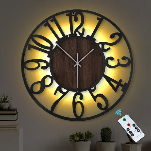 LEIKE Large Wall Clock 20'' Lighted Rustic Wood Clock with Remote Timer, Silent Battery Operated Modern Oversized Wall Clock for Living Room, Bedroom, Farmhouse, Home Decor, Large Number Display