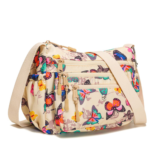 AOCINA Crossbody Bags for Women Multi Pocket Nylon Lightweight Ladies Purses Messenger Shoulder Handbags Satchel Travel Bag (Beige Butterfly)