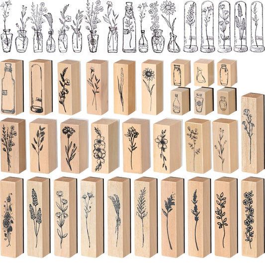Marspark 31 Pcs Flower Wooden Rubber Stamps for Crafting Vintage Plant Decorative Cute Wood Mounted Stamps Set for DIY Scrapbook Journaling Letter Diary Planner Decoration