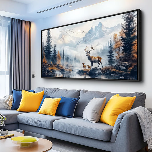 KELIYUAN Canvas Wall Art For Living Room Black Framed Wall Decor For Bedroom Office Prints Pictures Elk Foggy Mountain Landscape Painting Scenery Stretched and Framed Wall Art Home decor 20"X40"