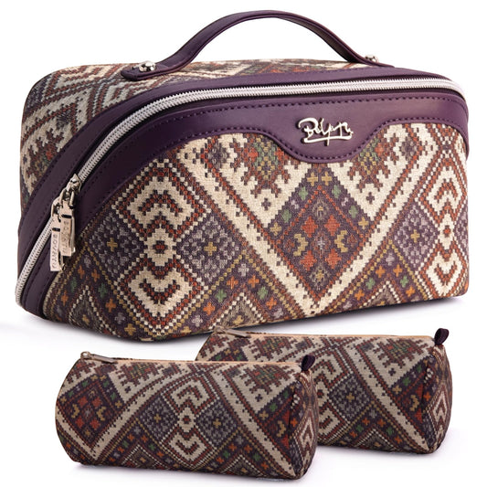 BOYATU Travel Makeup Bags for Women: Western Boho Chic Large Capacity Cosmetic Organizer - Wild, free, Unrestrained - 3Pc Waterproof Toiletry Set with Blush Compartment - No Chaos & Easy Clean Plum