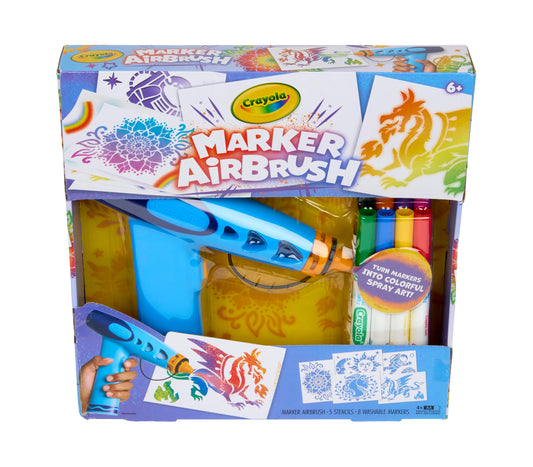 Crayola Marker Airbrush Spray Art Kit, Battery-Powered Sprayer with 8 Washable Markers & 5 Stencils, DIY Craft Set, Ages 6+