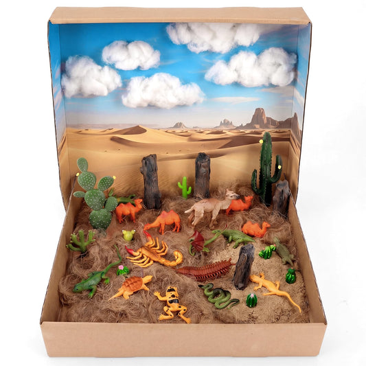 Duraaamo 32 Pcs Desert Animals Figures Diorama Kit Reptiles Lizard Snake Cactus Trees Model Kit Diorama Project with Camel for Miniature Landscape Cake Topper Birthday DIY Craft Project