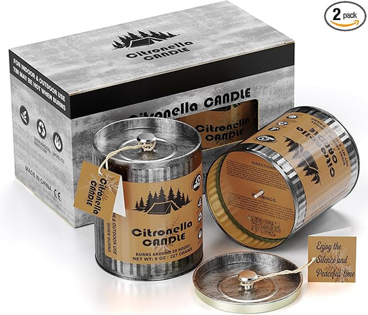 Citronella Outdoor Candle Set | 2-Pack 454g 80H Burn Time | Pure Soy Wax Jar Tin Outdoor Safety Candles for Camping Courtyard Garden | Smokeless Lemongrass Candles Gift for Men&Women