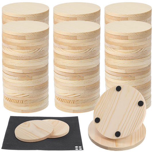 HJZHII 100 Pcs Unfinished Wood Coasters, 4 Inch Blank Wooden Coaster with Non Slip Foam Pad for DIY Stained Drawing Painting Wood Crafts Engraving Home Decoration Supplies(Round)
