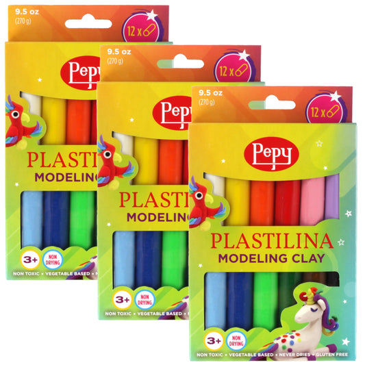 Pepy Plastilina Reusable and Non-Drying Modeling Clay; Set of 36; 3 Each of 12 Colors, 0.8 Ounces Each, Perfect for Arts and Crafts Projects