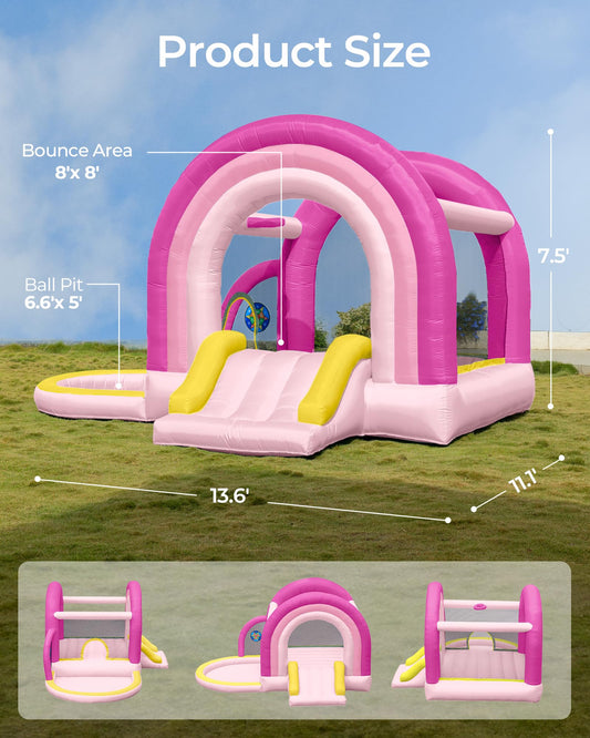 Outfunny Bounce House with Slide, Inflatable Bouncy House for Kids 3-12 w/Ball Pit, Outdoor & Indoor, Bounce Area 8'x8', Capacity 400 lb - Pink