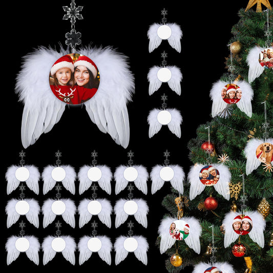 Huwena 48 Pcs Christmas White Angel Wings Ornament Angel Feather Wings with Round Sublimation Blank Pendants Hanging Acrylic Snowflake Crystal Ornaments for Christmas Tree DIY Crafts Party Decor