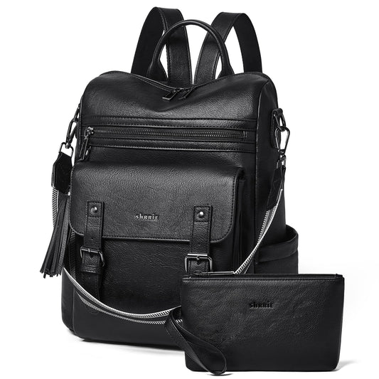 Shrrie Womens Vegan Leather Backpack Purse for Work College Black Fashion Small Backpack Design Water-Resistant Purse